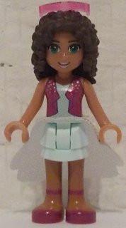 LEGO Minifigure-Andrea, Light Aqua Layered Skirt, Magenta Vest Top, White Sequined Cloth Skirt, Sunglasses-Friends-FRND145-Creative Brick Builders